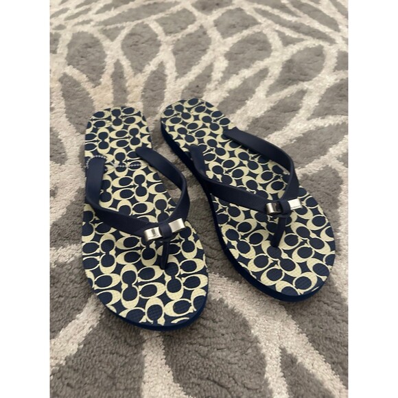 Navy and Cream Monogram C Coach Flip Flops with Silver Bow - Picture 1 of 6